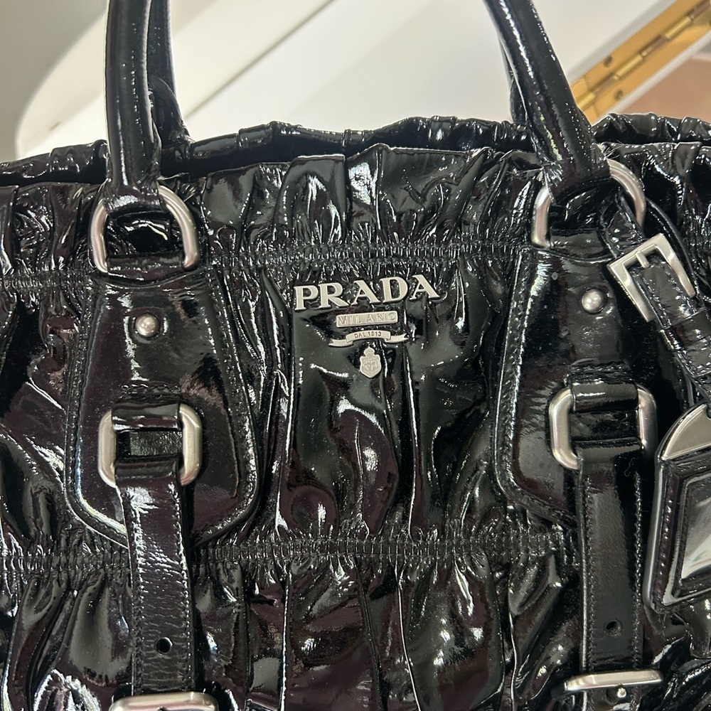 Prada Black Patent Ruched Tote with Buckle Accents - Picture 2 of 10
